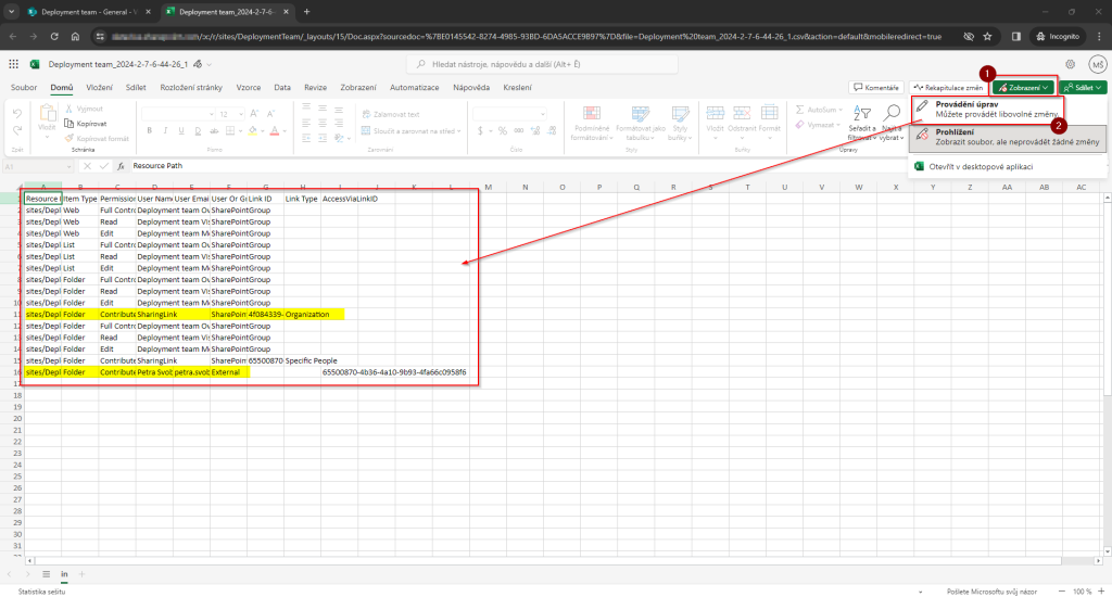 Sharepoint (Teams) - report sdílení