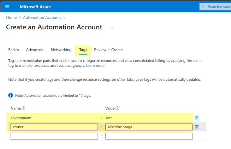 Portal Azutr - Automation Accounts - tags