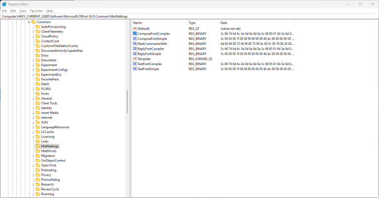 Outlook Desktop - registry - default font settings