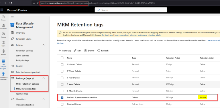 MRM Retention tags Microsoft Purview