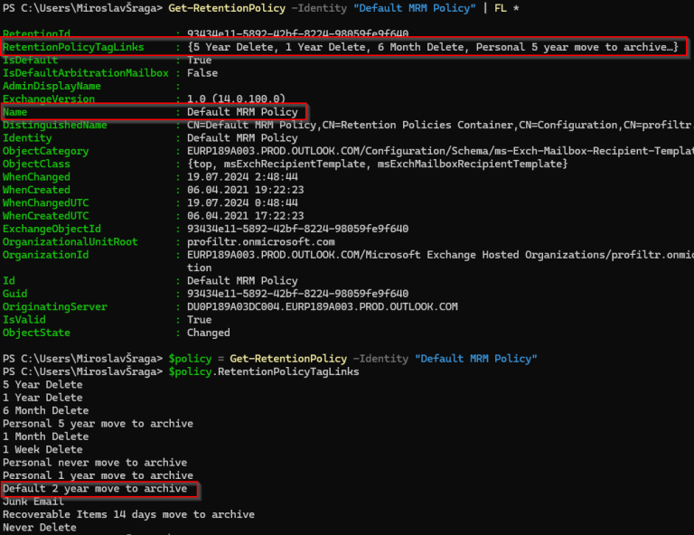 exchange archive retention policy powershell 1