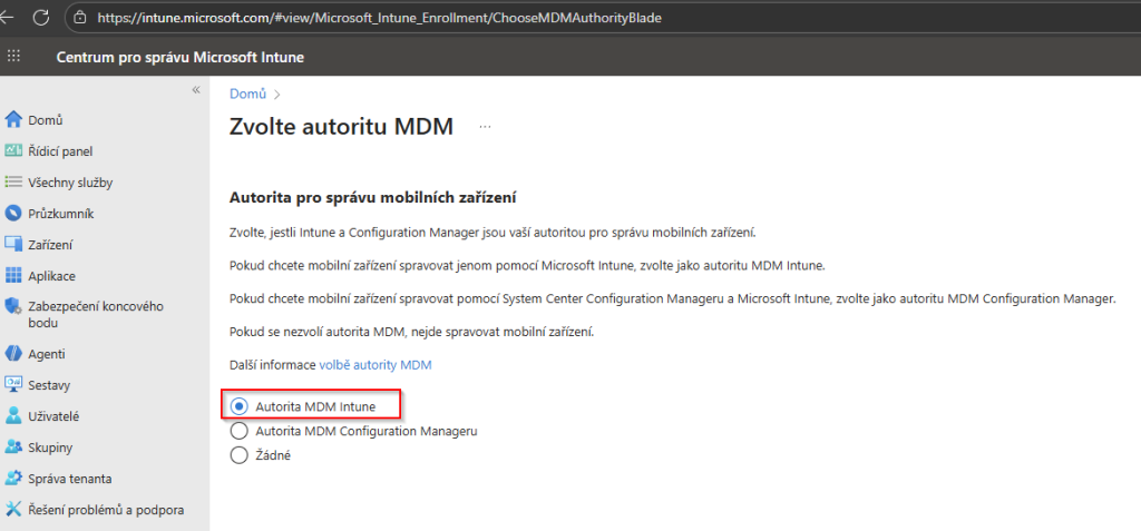 change the MDM Authority to Intune