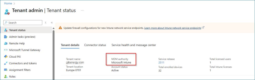 Tenant status - MDM Authority